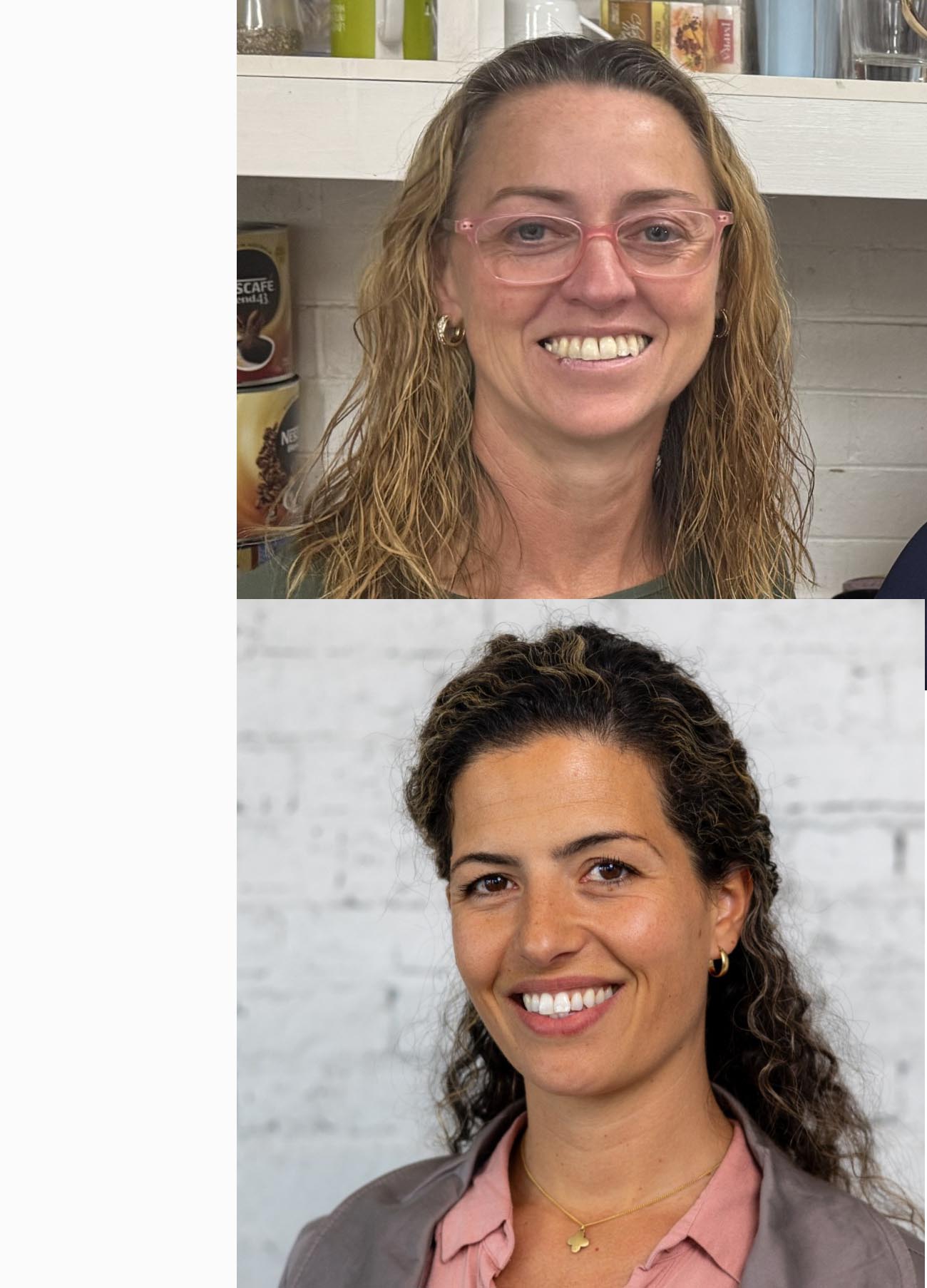 Jane is smiling, she has light, mid-length hair and pink glasses and Aline is smiling, she has dark curly hair.