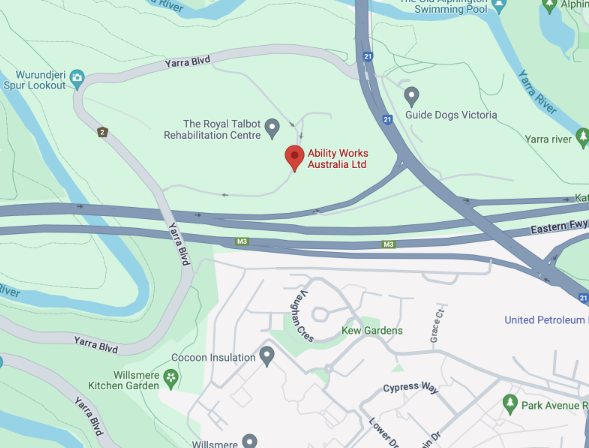 A screenshot of a google map with a pin where Ability Works is located